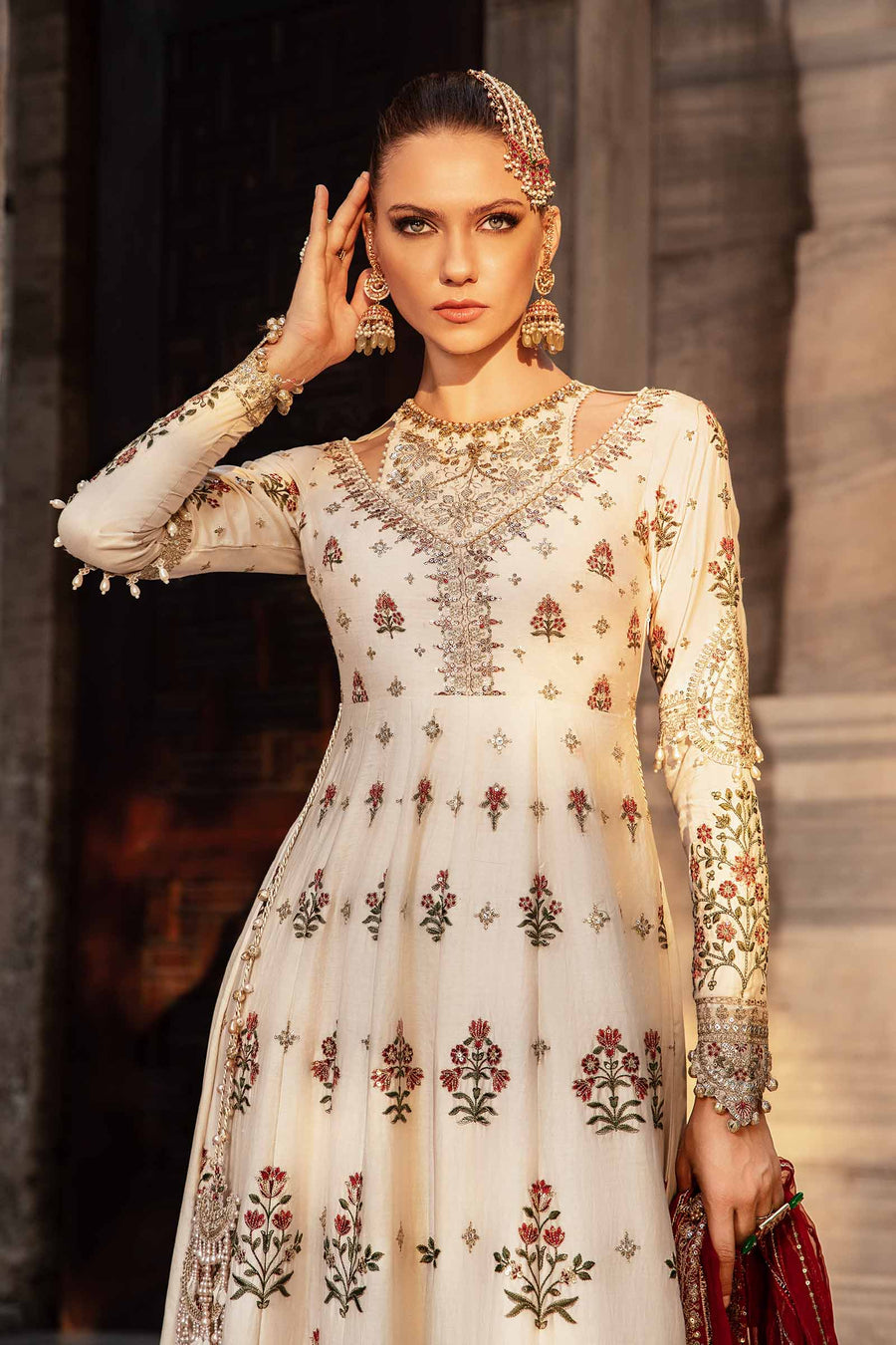 White embroidered unstitched cotton satin suit