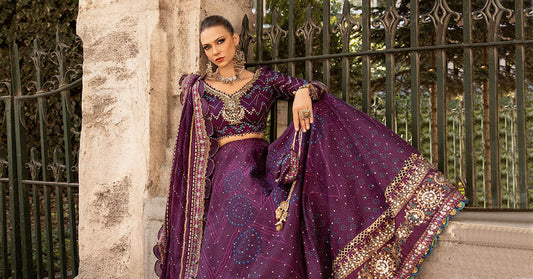 Purple unstitched embroidered cotton satin suit