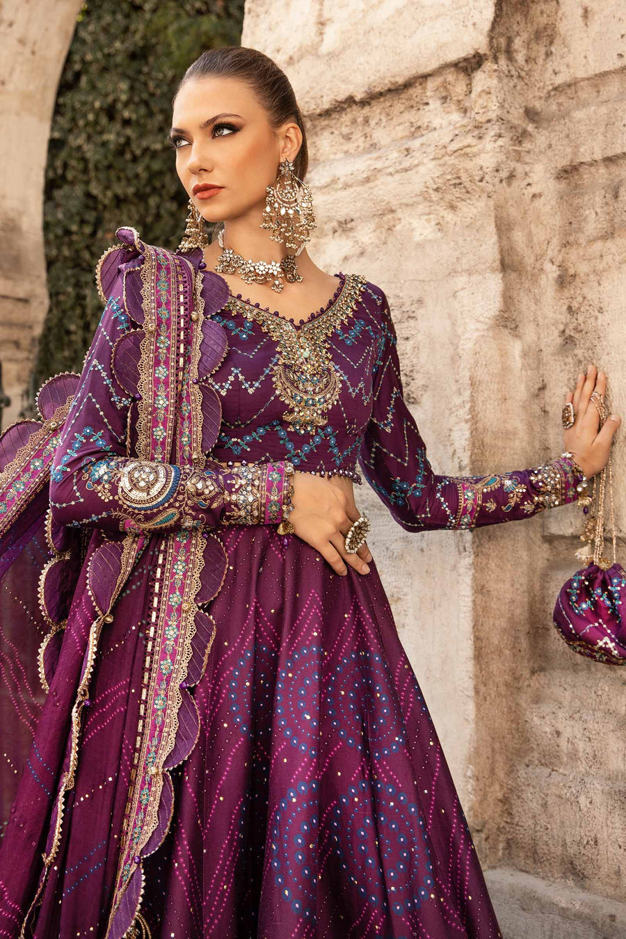 Purple unstitched embroidered cotton satin suit