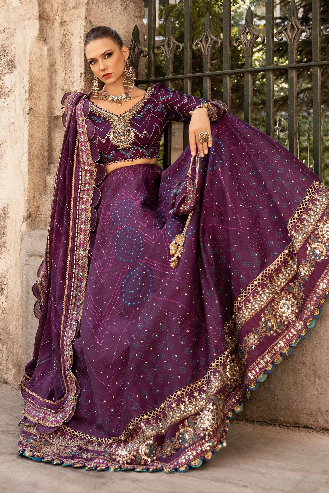 Purple unstitched embroidered cotton satin suit