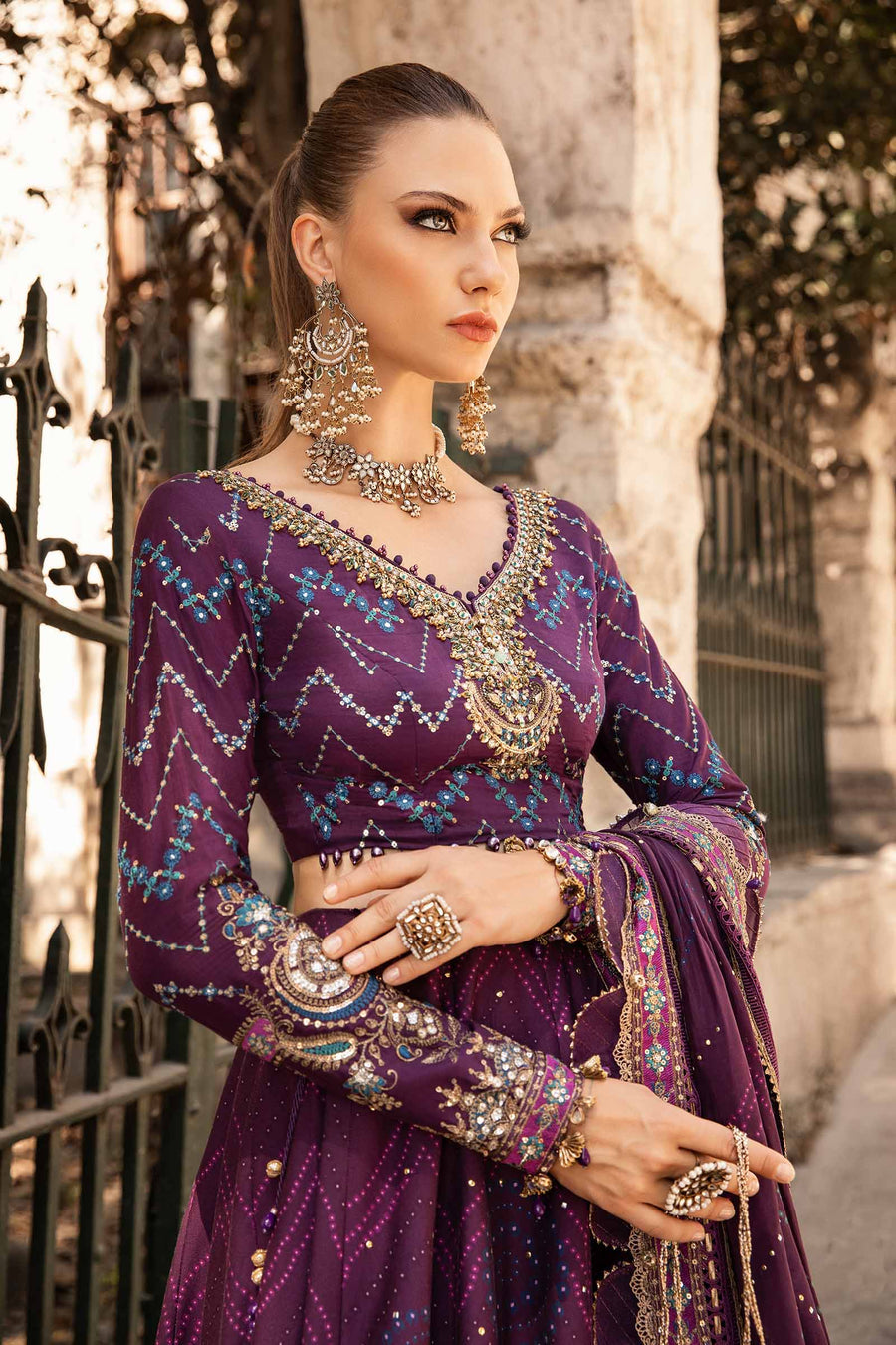 Purple unstitched embroidered cotton satin suit