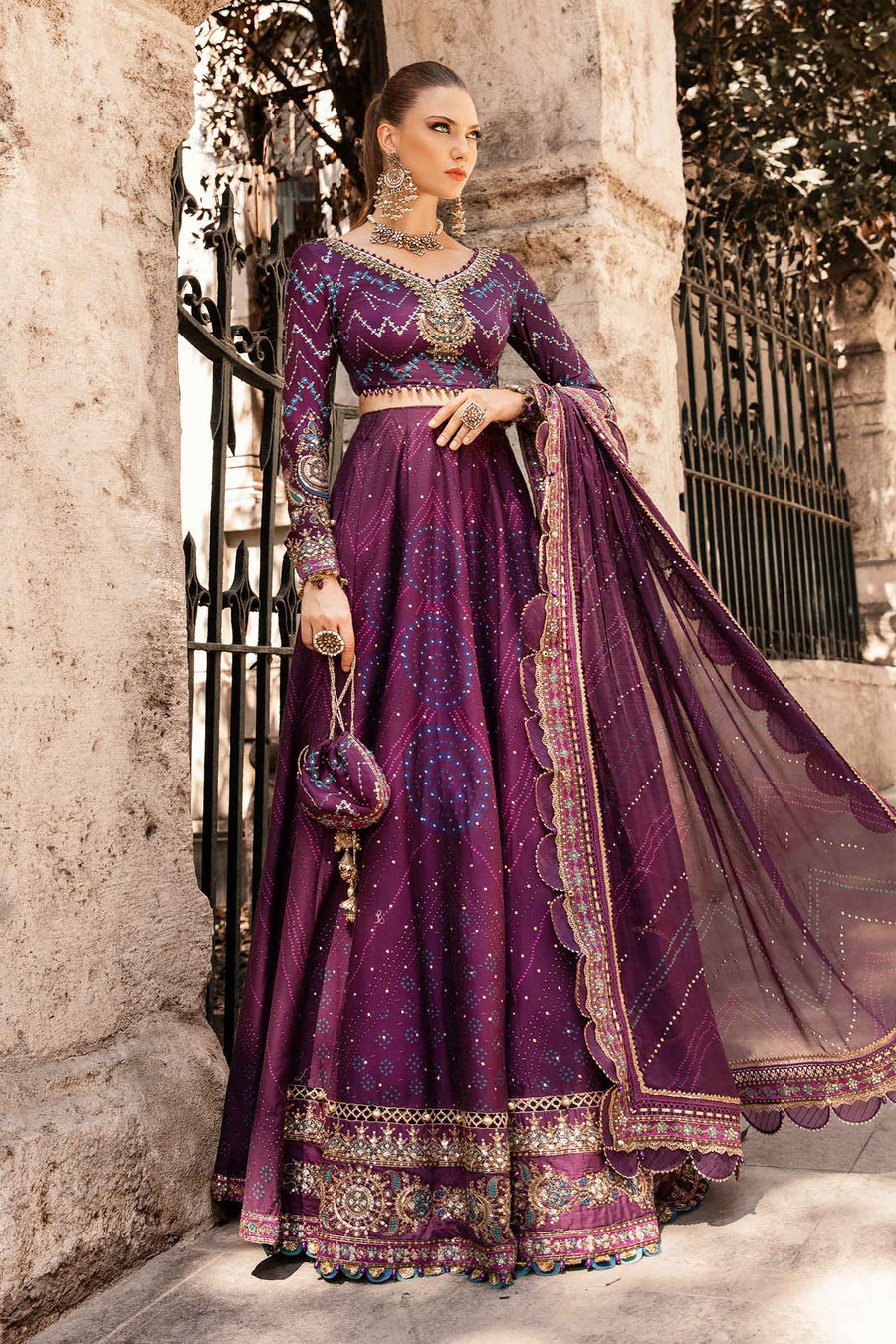 Purple unstitched embroidered cotton satin suit