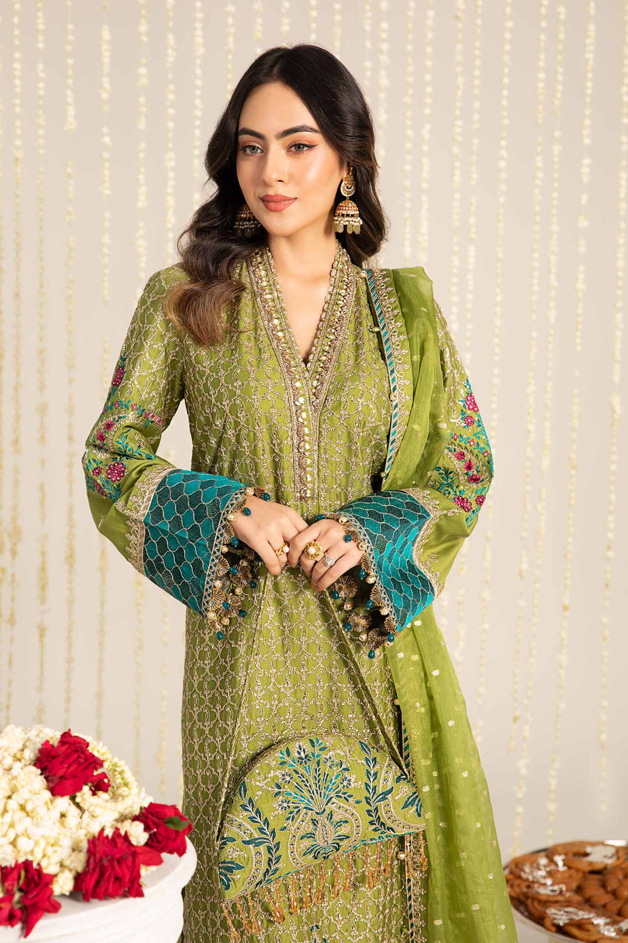 Light green embroidered unstitched cotton satin suit