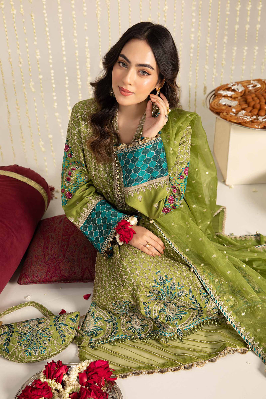 Light green embroidered unstitched cotton satin suit