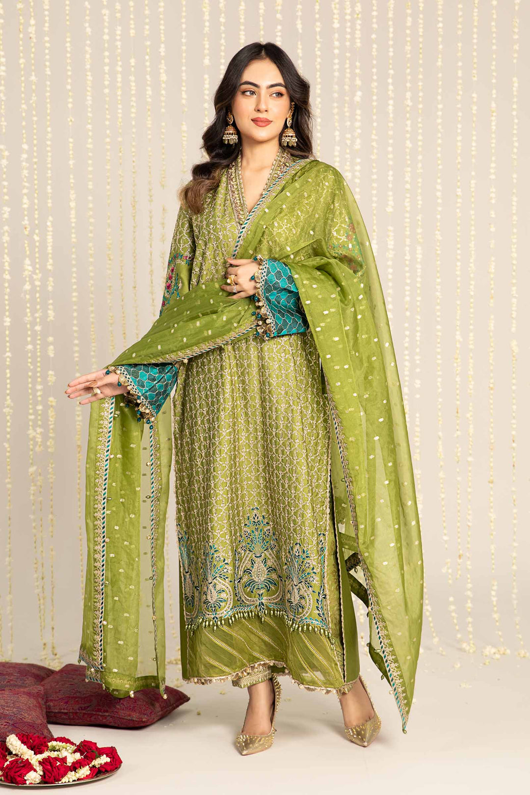 Light green embroidered unstitched cotton satin suit