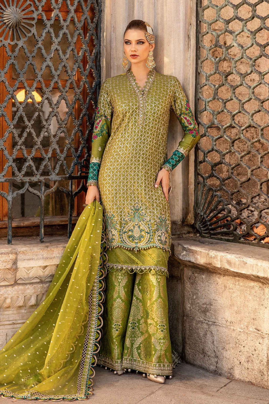 Light green embroidered unstitched cotton satin suit