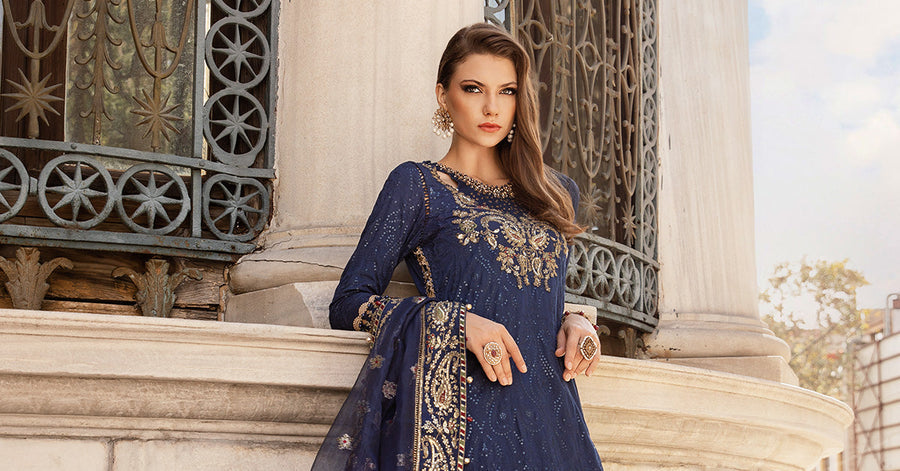 Blue unstitched embroidered cotton satin suit