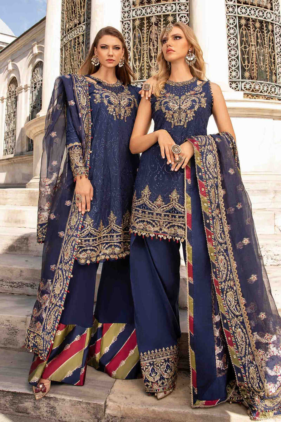 Blue unstitched embroidered cotton satin suit