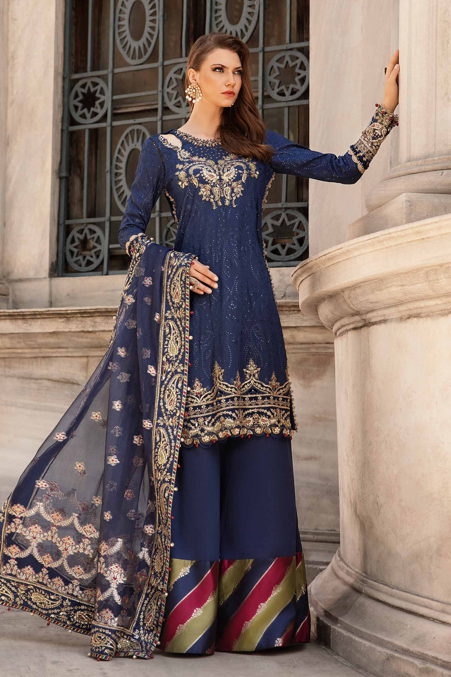 Blue unstitched embroidered cotton satin suit