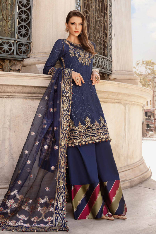 Blue unstitched embroidered cotton satin suit