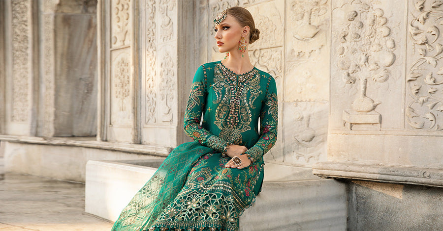 Green unstitched embroidered cotton satin suit