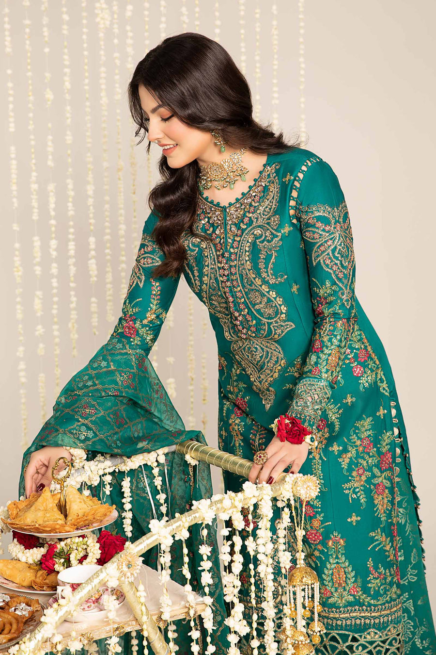 Green unstitched embroidered cotton satin suit