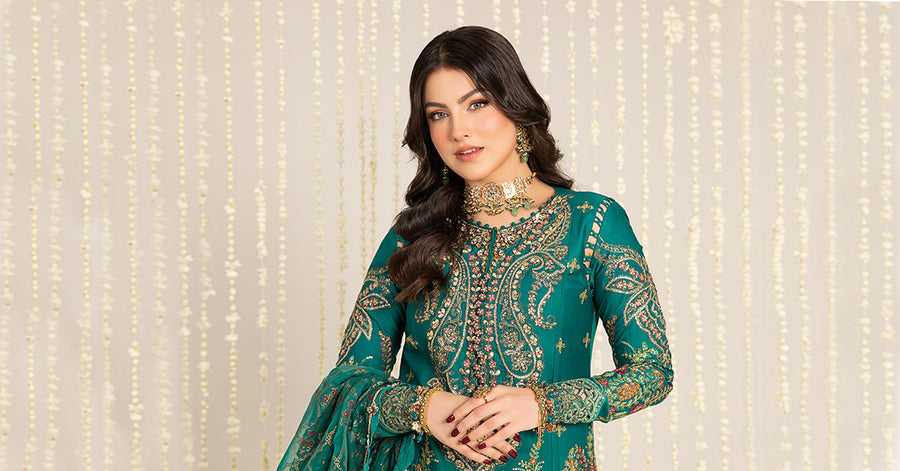 Green unstitched embroidered cotton satin suit