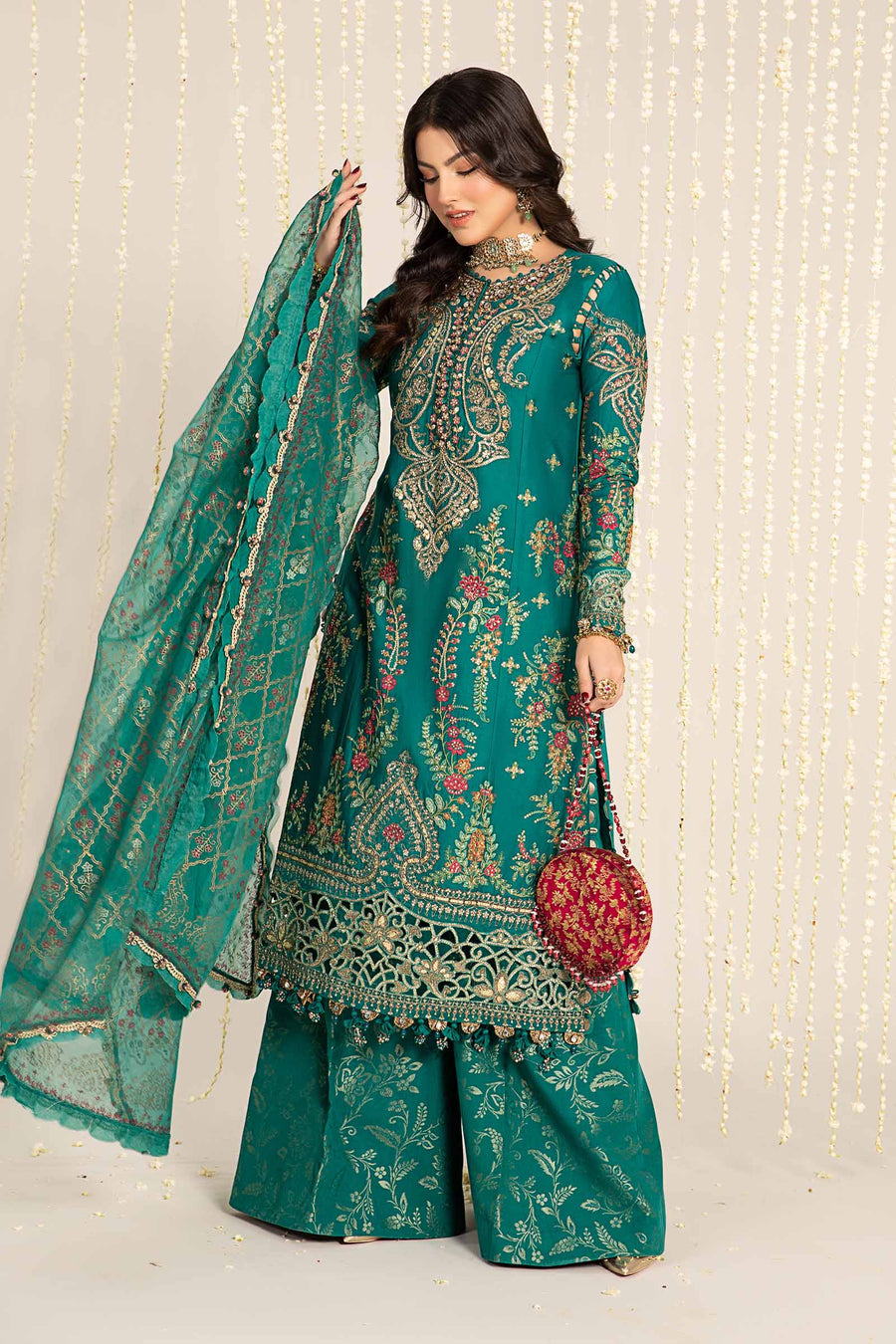 Green unstitched embroidered cotton satin suit