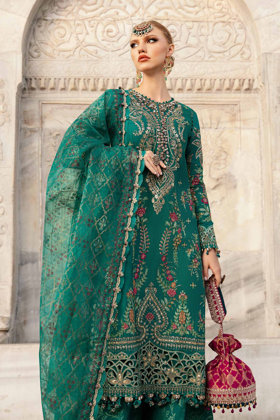 Green unstitched embroidered cotton satin suit