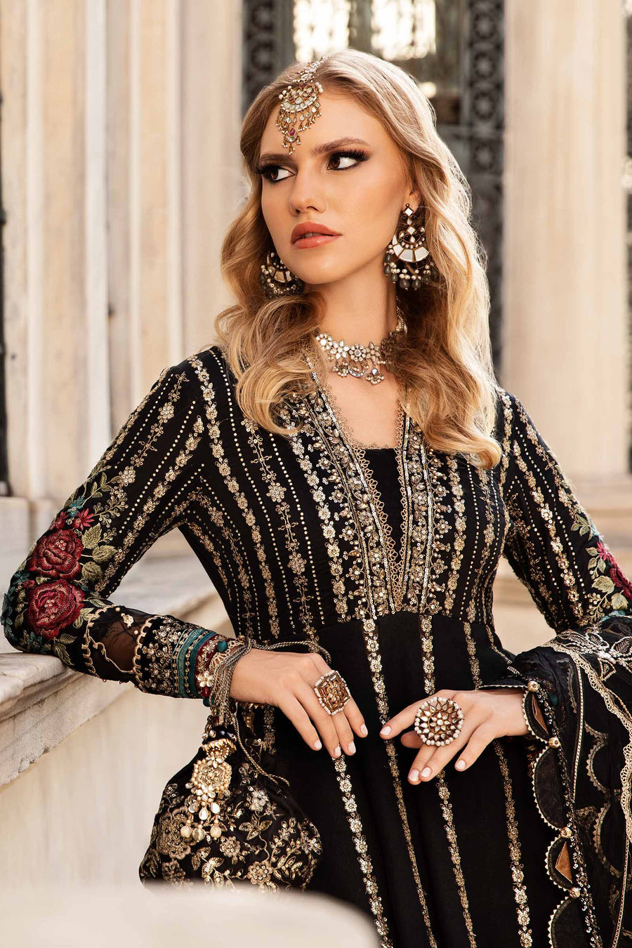 Black unstitched embroidered cotton satin suit