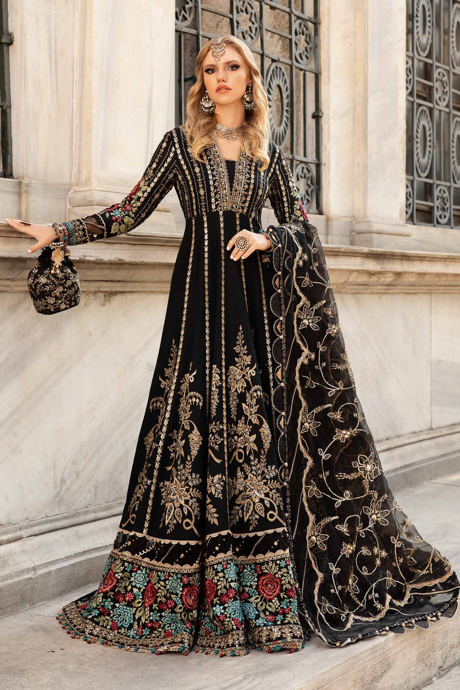 Black unstitched embroidered cotton satin suit