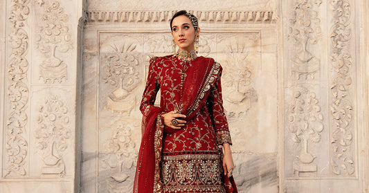 Red unstitched embroidered cotton satin suit