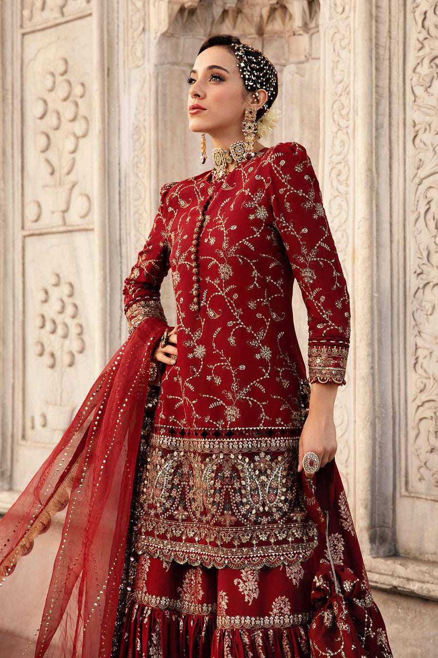 Red unstitched embroidered cotton satin suit