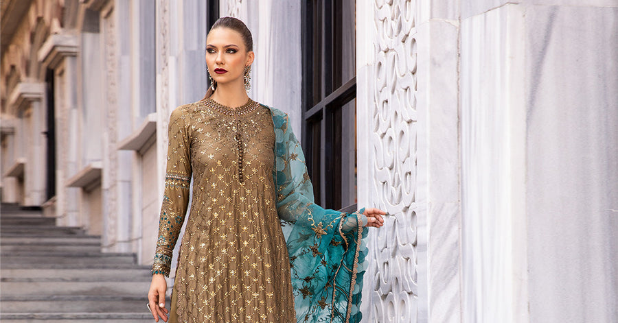 Brown unstitched embroidered cotton satin suit