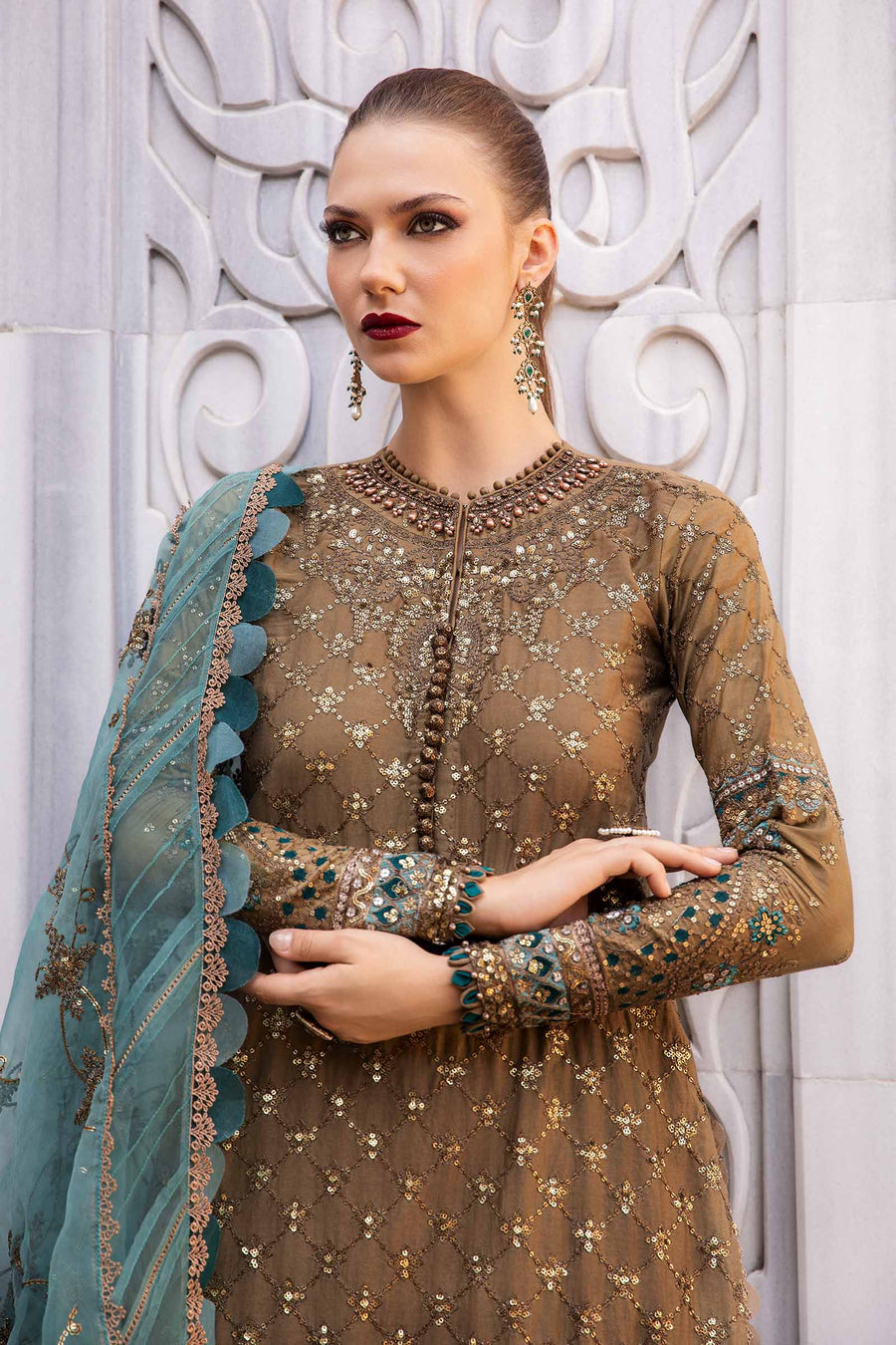 Brown unstitched embroidered cotton satin suit