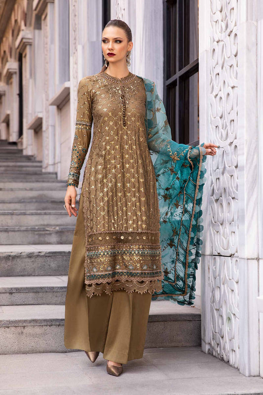 Brown unstitched embroidered cotton satin suit