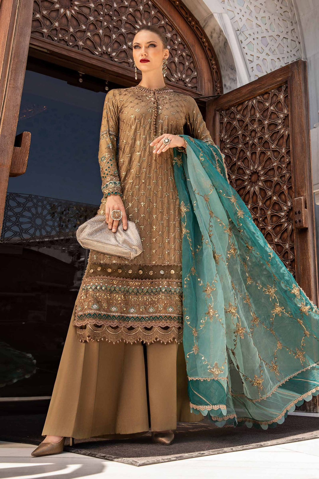 Brown unstitched embroidered cotton satin suit