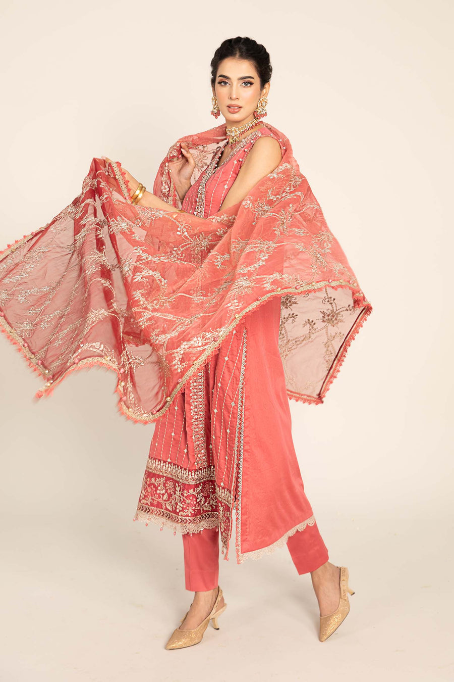 Pink unstitched embroidered cotton satin suit