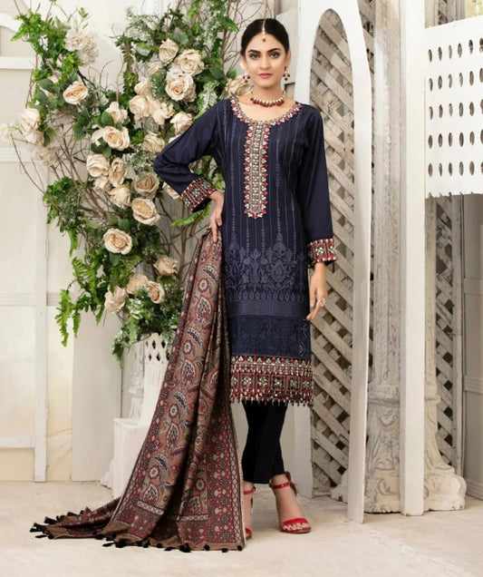 Dark Blue Embroidered Suit With Pashmina Shawl
