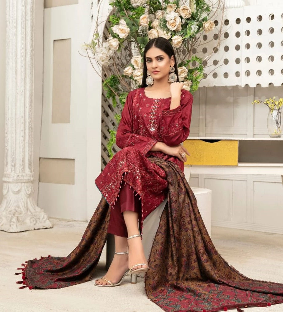 Dark Pink Embroidered Suit With Pashmina Shawl
