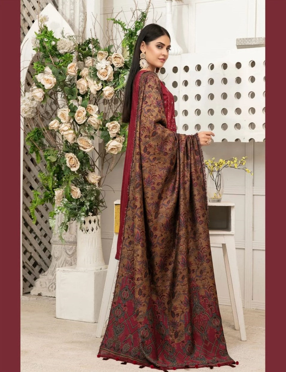 Dark Pink Embroidered Suit With Pashmina Shawl
