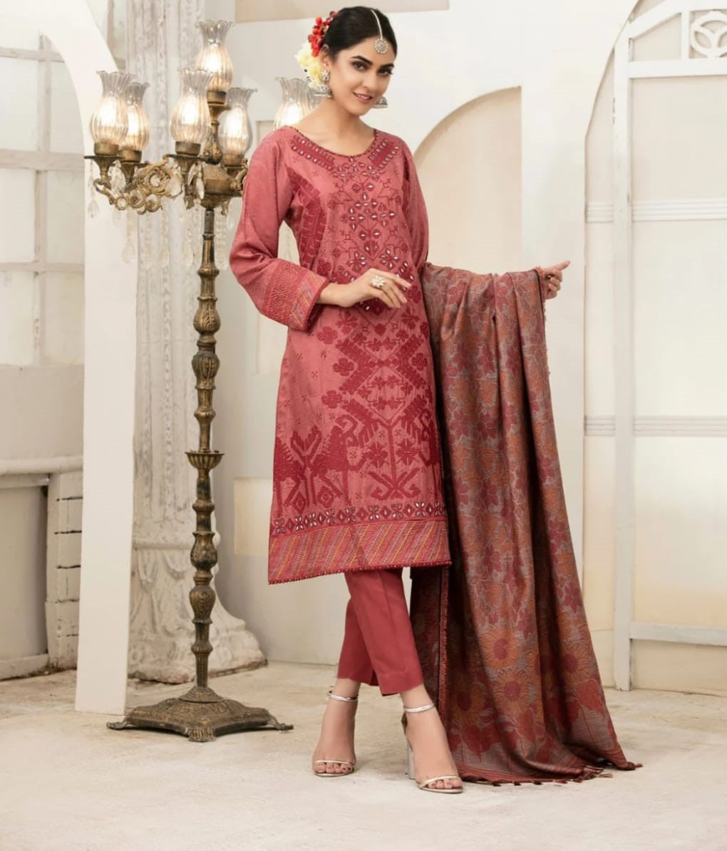 Pink Embroidered Suit With Pashmina Shawl