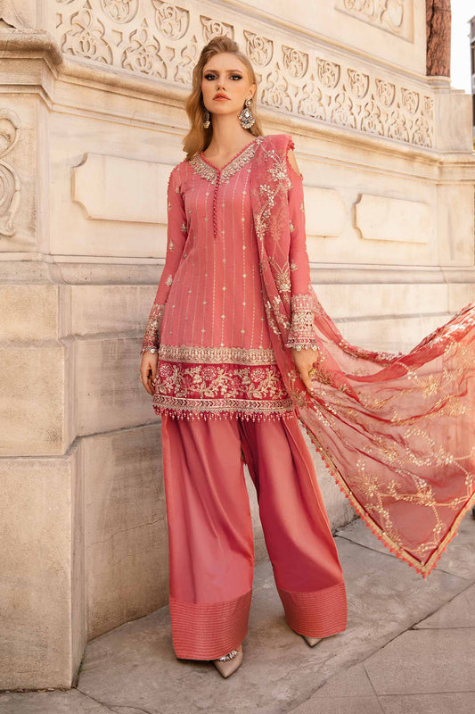 Pink unstitched embroidered cotton satin suit