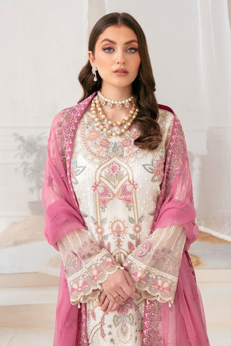 White and Pink Embroidered Chiffon Unstitched