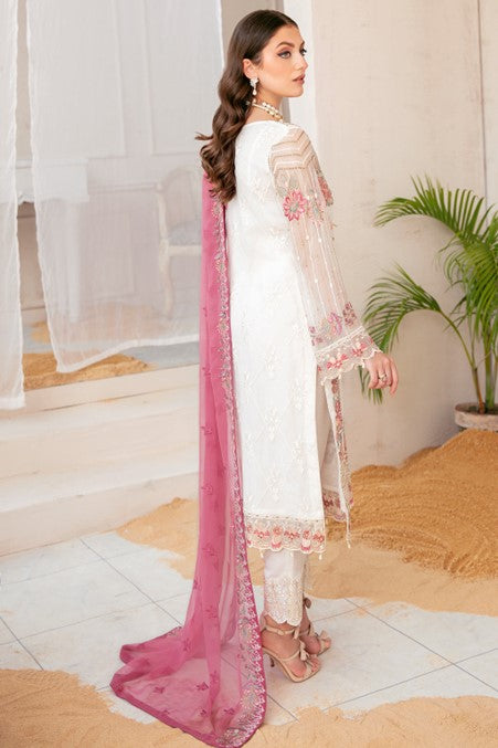 White and Pink Embroidered Chiffon Unstitched