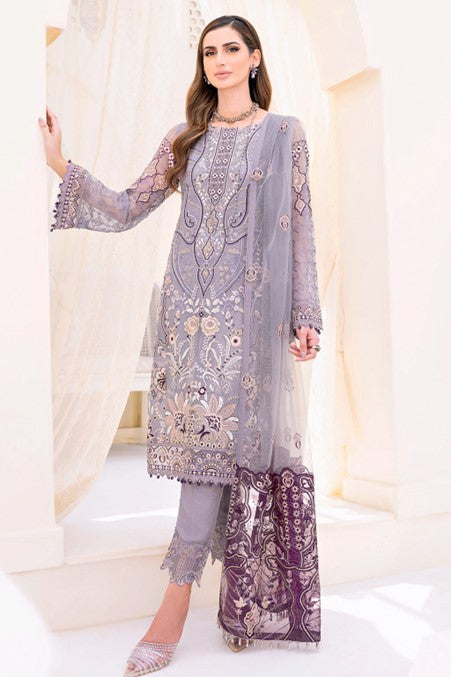 Grey Embroidered Chiffon Suit