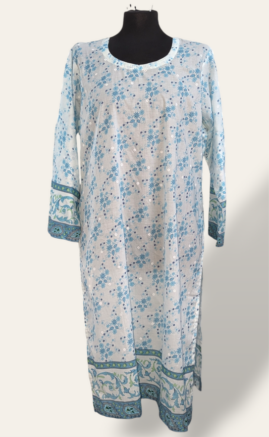 White and blue Printed extra large kurti