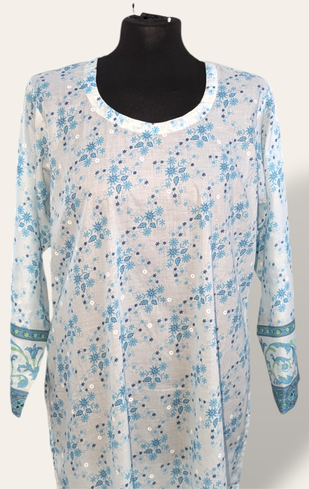 White and blue Printed extra large kurti