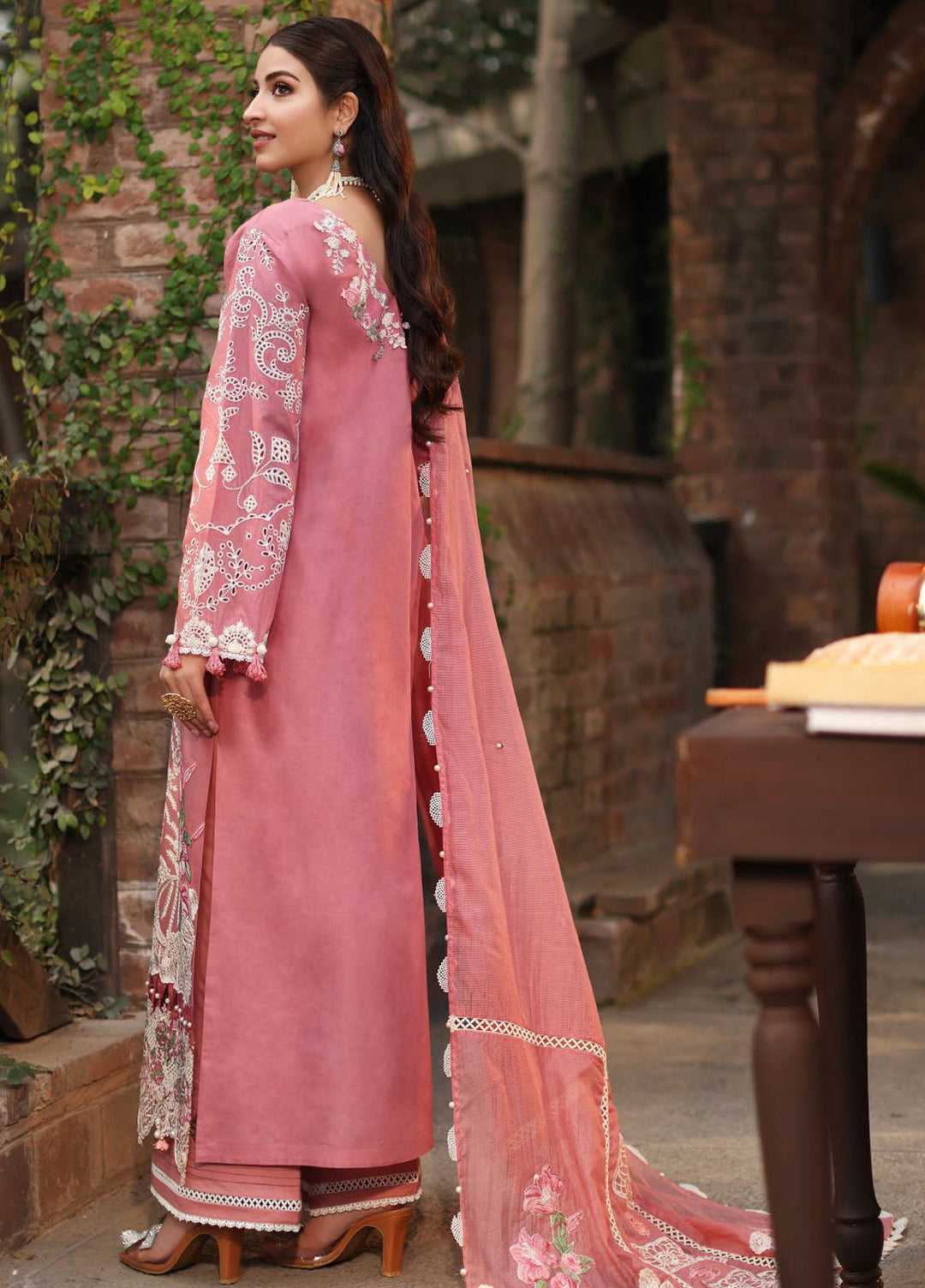 Pink Semi-stitched embroidery Suit