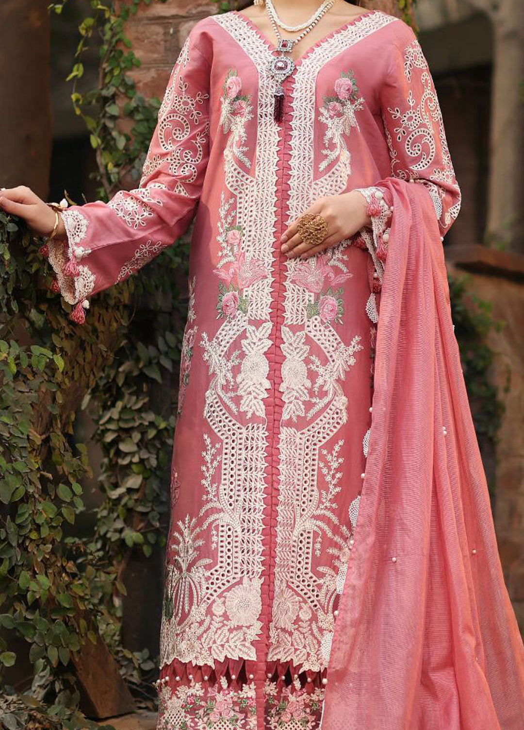 Pink Semi-stitched embroidery Suit