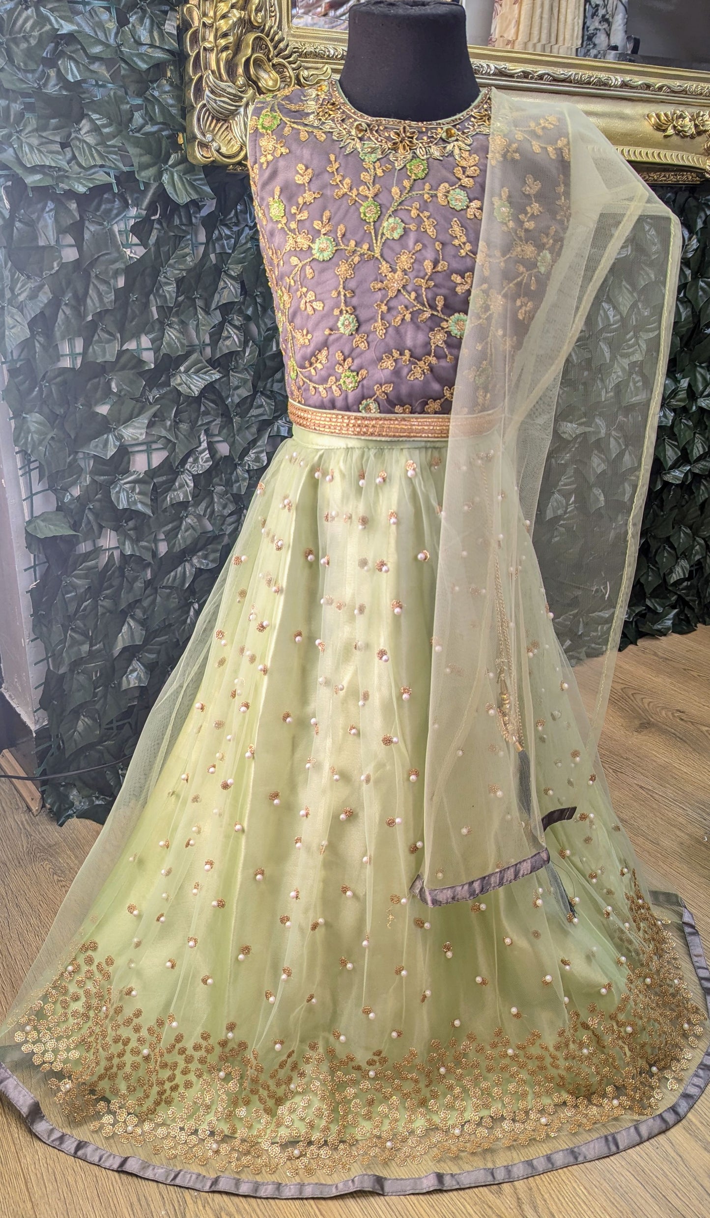 Green and grey lehenga outfit