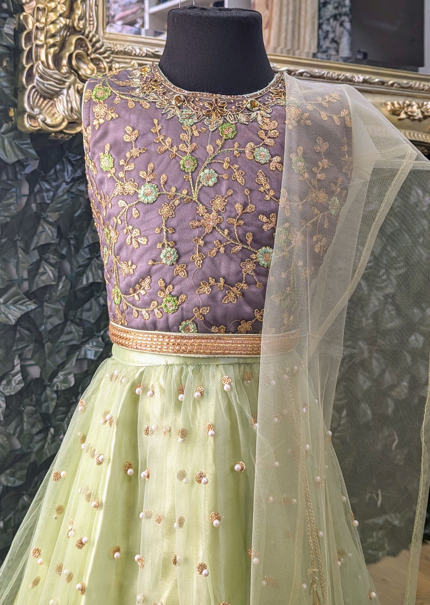 Green and grey lehenga outfit