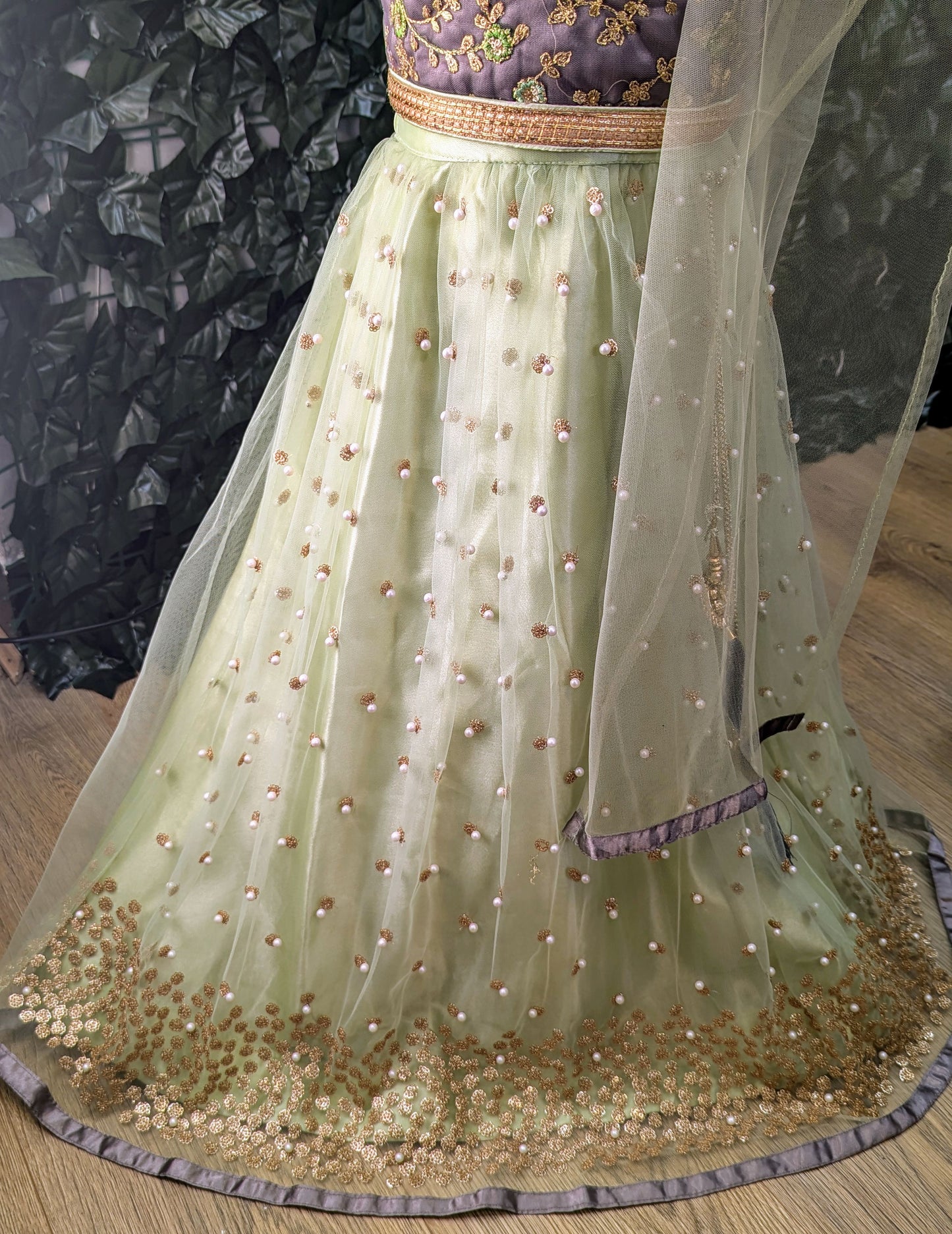 Green and grey lehenga outfit