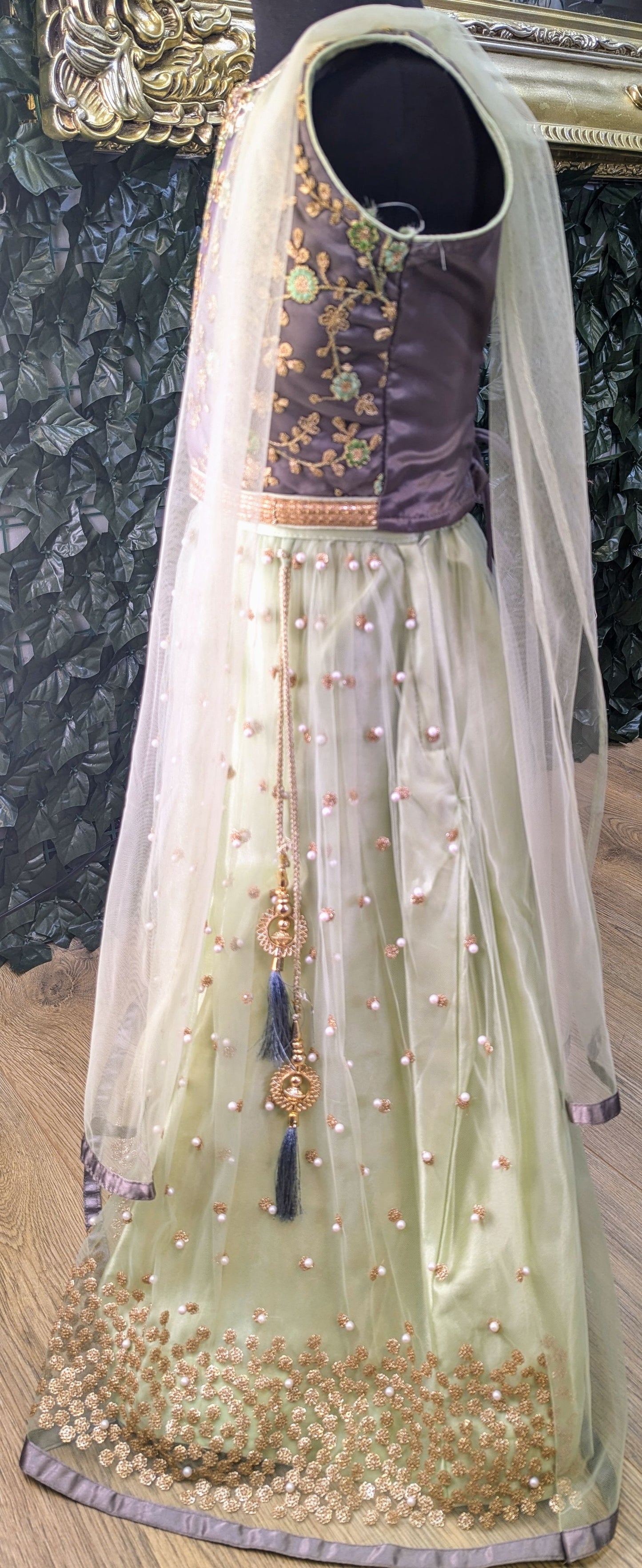 Green and grey lehenga outfit