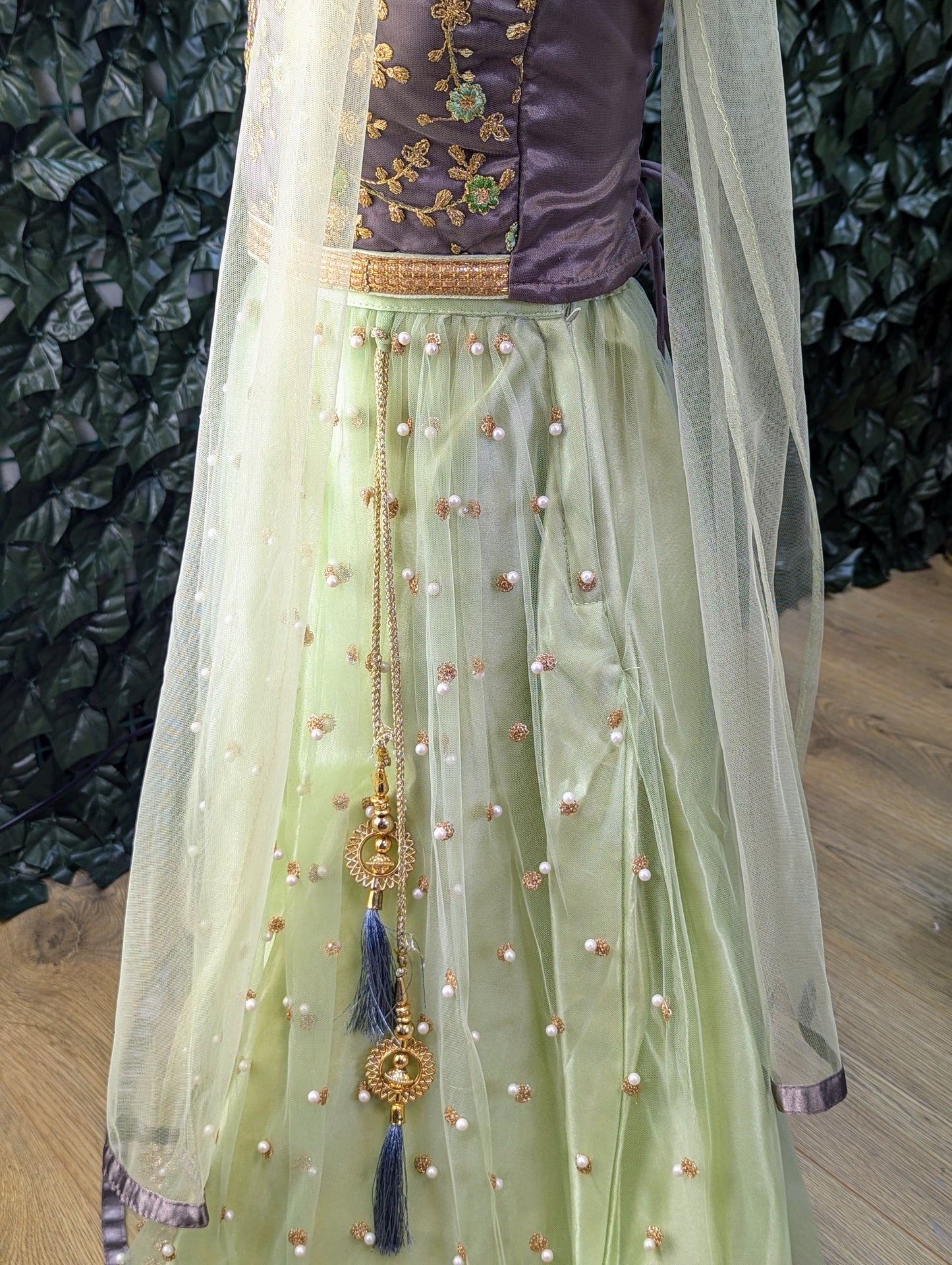 Green and grey lehenga outfit