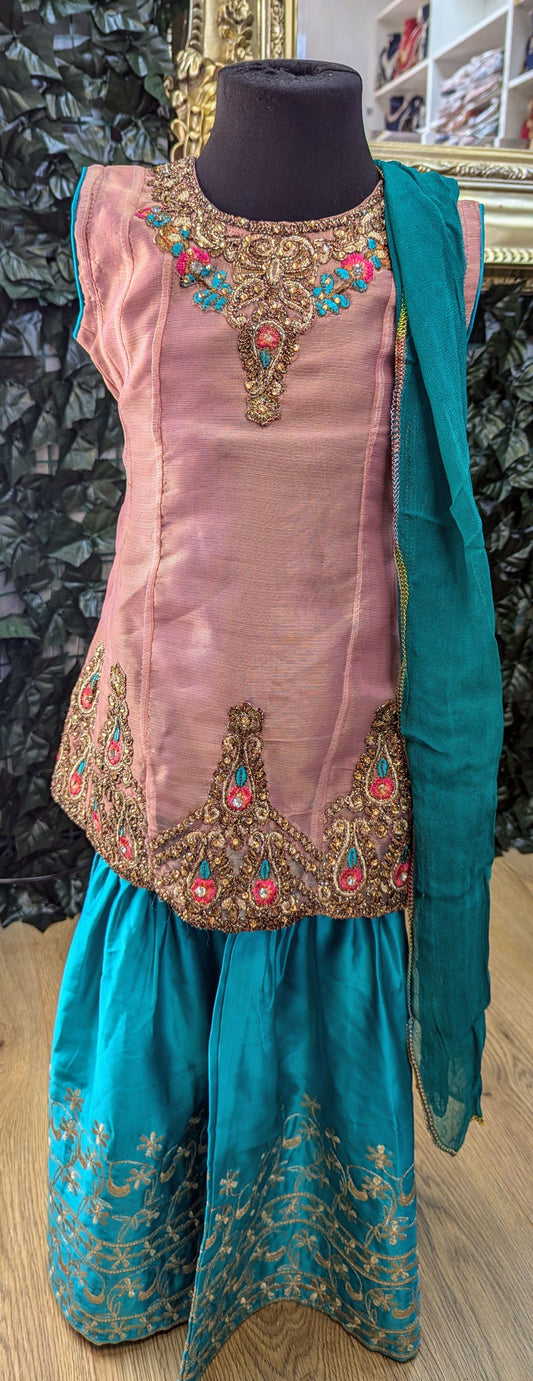 Pink and blue embroidered outfit