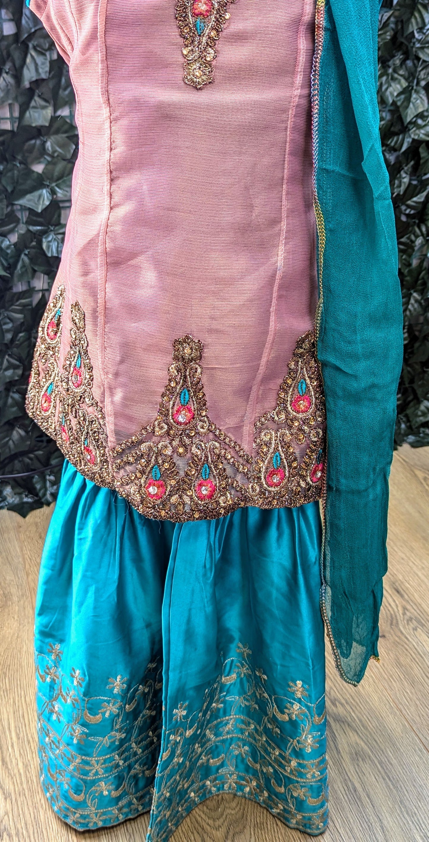 Pink and blue embroidered outfit