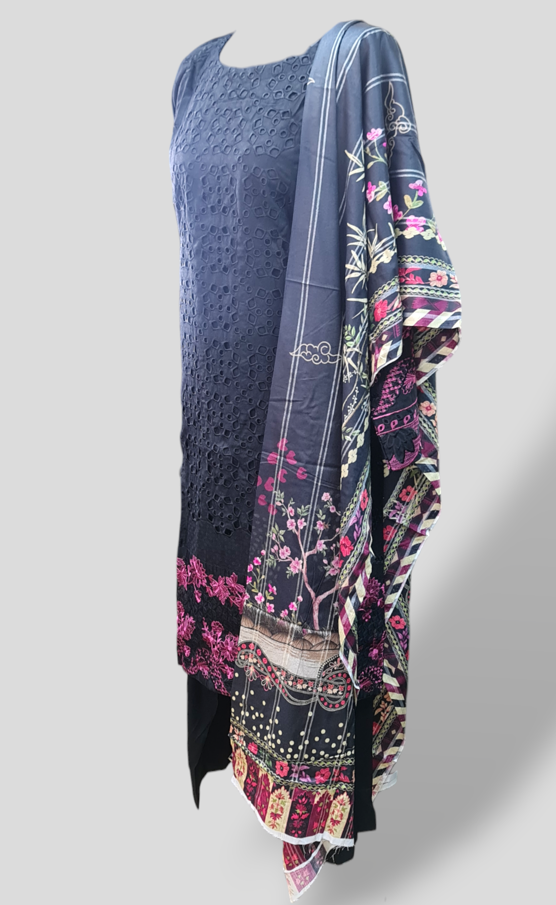 Black embroidered linen suit with jacquard printed shawl