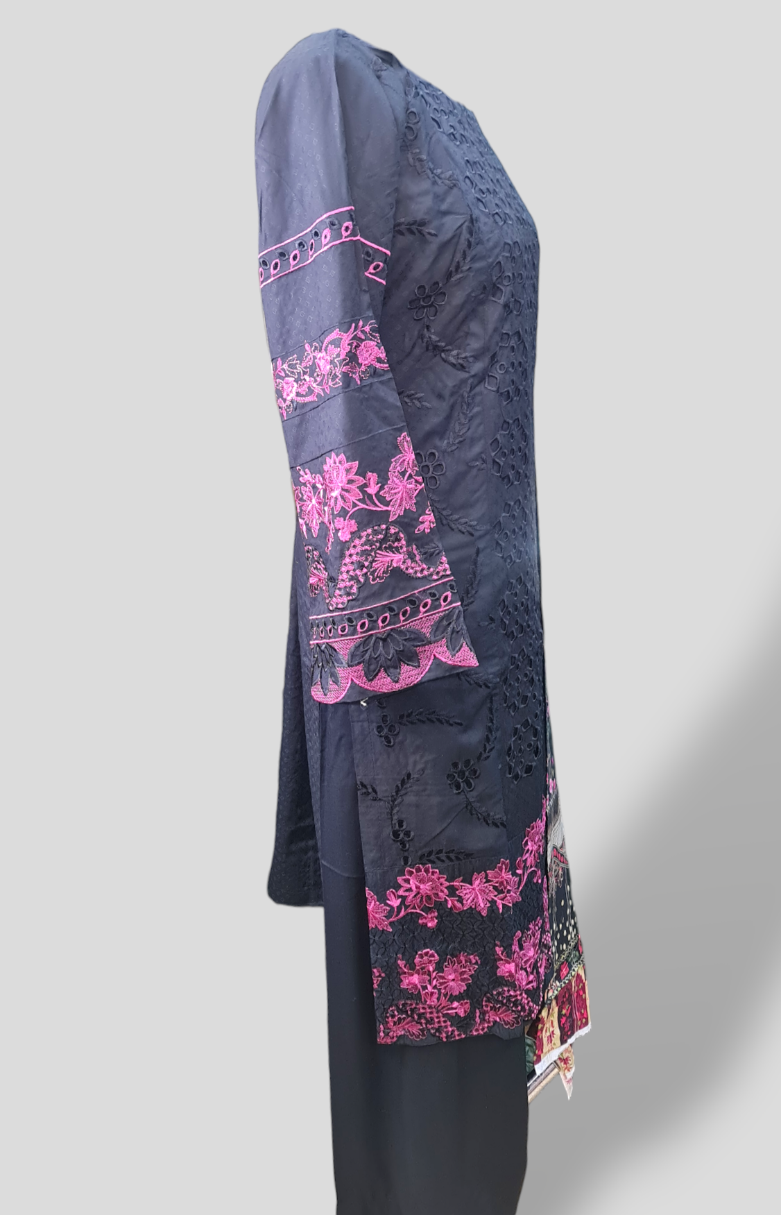 Black embroidered linen suit with jacquard printed shawl