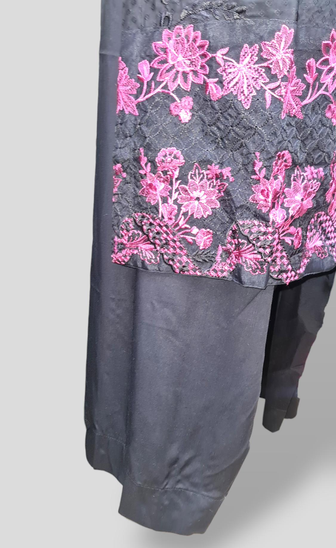 Black embroidered linen suit with jacquard printed shawl